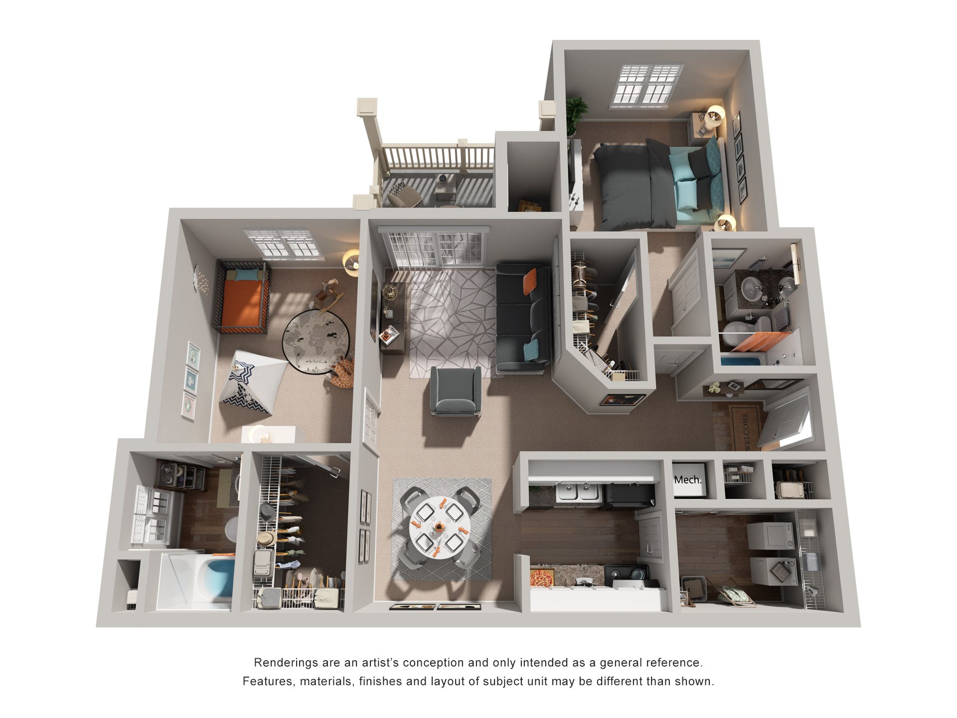 Floor plan for 2 beds, 2 baths, 1223 sqft